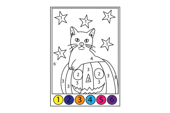 Cat Face Peeking out of a Pumpkin Color by Number