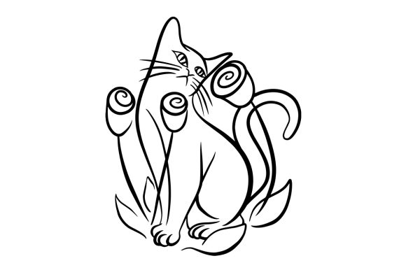 Cat with Flowers Tattoo Line Art