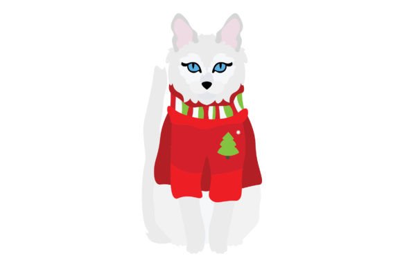 White Cat Wearing Christmas Sweater